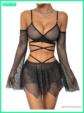 Women's 2 Piece Mesh Rave Outfit Skirt Crop Top Set